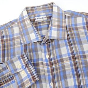 Bullock & Jones 100% Linen‎ Button Up Long Sleeve Shirt Blue Brown Plaid Mens XL
